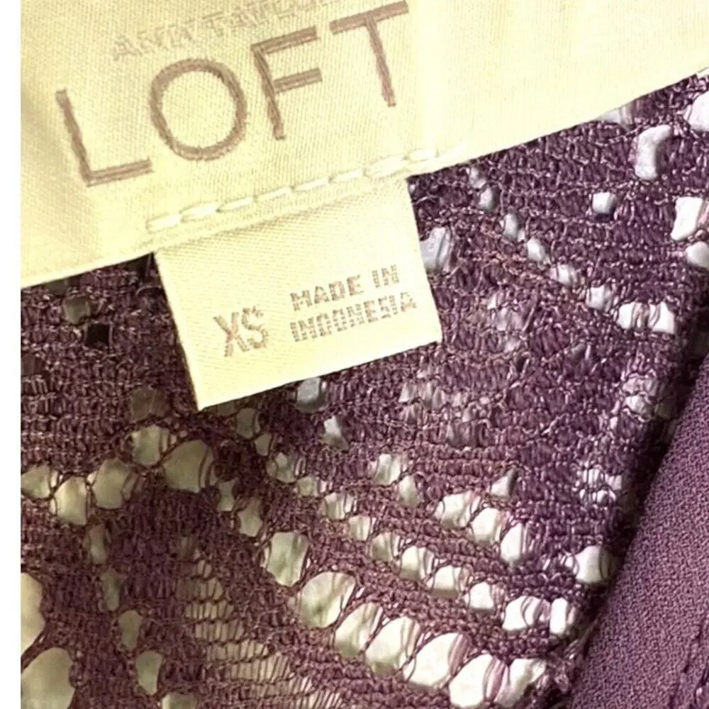 Ann Taylor Sheer Laced Long Sleeve Top Round Neck Key Hole Button XS Plum #4224